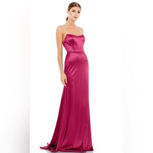 Mac Duggal Satin Rhinestone Strap Satin Gown